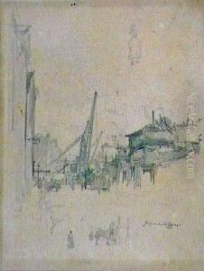 Pencil Street Scene With A Sheerleg Crane. by Muirhead Bone
