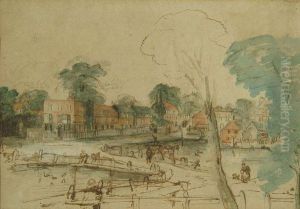 River Scene With Town, Pen, Ink And Coloured Washes