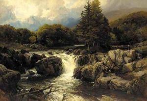 An angler in a Welsh river landscape by Frederick William Hulme