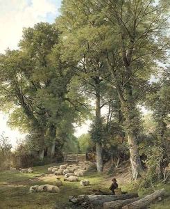 Sheep resting in a woodland glade, a traveller looking on by Frederick William Hulme