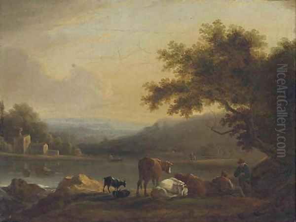 Figures and cattle on a river bank at evening - view 1