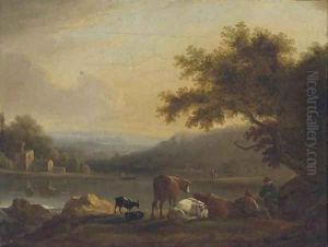 Figures and cattle on a river bank at evening