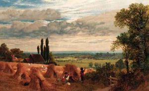 Harvesters resting in an extensive landscape by Frederick William Hulme