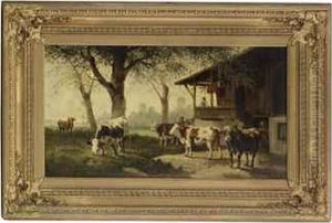 Herding Cattle By A House by Rosa Bonheur