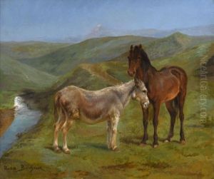 Pony And A Donkey In A Hilly Landscape by Rosa Bonheur
