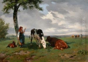 Shepherdess And Two Cows In A Meadow by Rosa Bonheur
