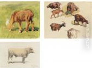 Study Of A Goat, Goats Grazing And Study Of A Bull Seen From Theside by Rosa Bonheur