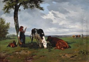 A Shepherdess With A Goat And Two Cows In Ameadow by Rosa Bonheur