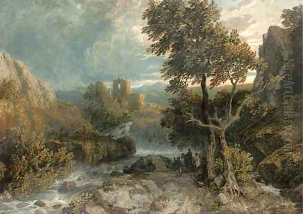 Travellers beside a river before castle ruins at dusk - view 1