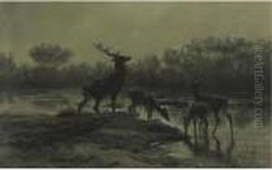 Deer Drinking By A Moonlit Lake by Rosa Bonheur