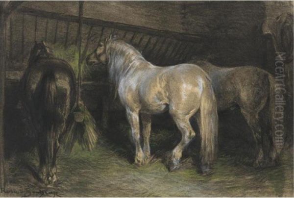 Horses Eating Hay In A Stable - view 1