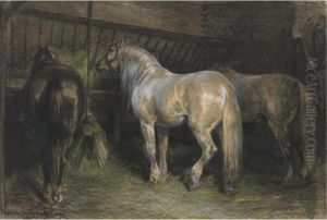 Horses Eating Hay In A Stable by Rosa Bonheur