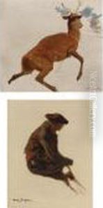 Studies: Stag And A Man (two Works) by Rosa Bonheur
