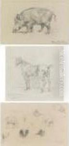 A Boar, Two Horses And Studies Of A Ram (three Works)