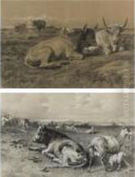 Cattle Resting And Cattle And Goats In A Landscape (two Works) - view 1