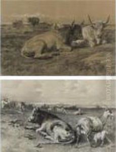 Cattle Resting And Cattle And Goats In A Landscape (two Works) by Rosa Bonheur