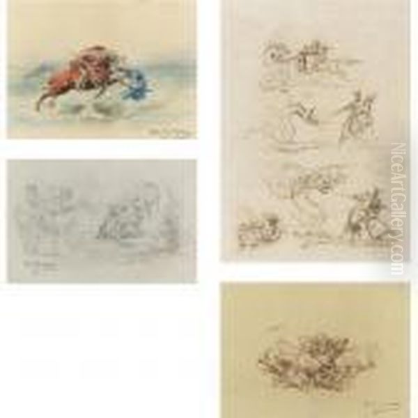 St. George Stabbing The Dragon,
Studies Of St. George And The Dragon, A Knight And A Maiden, And
Fighting Bulls (four Works) - view 1