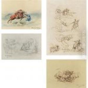 St. George Stabbing The Dragon, 
Studies Of St. George And The Dragon, A Knight And A Maiden, And 
Fighting Bulls (four Works) by Rosa Bonheur