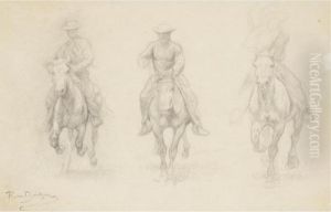 Study Of Three Men On Horseback (possibly From The American West) by Rosa Bonheur