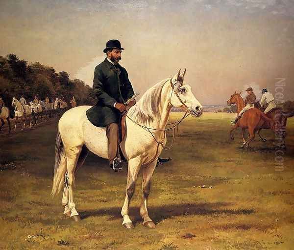 Captain J. O. Machell on a White Horse with the Jockeys E. Martin and F. Archer exercising their Horses - view 1