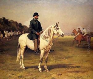 Captain J. O. Machell on a White Horse with the Jockeys E. Martin and F. Archer exercising their Horses