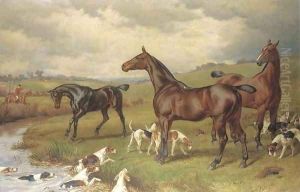 A hunting scene, with horses and hounds in the foreground, and a hunt beyond by William H. Hopkins