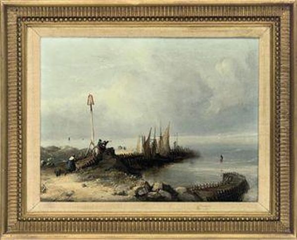 A Coastal Landscape With Figures By A Dock And Sailing Boats,yarmouth, Isle Of Wight - view 1