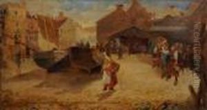French Beach With Boats And Buildings. by Richard Parkes Bonington