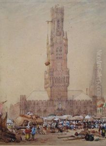 Figures In A Low Countries Market Place Before A Gothic Tower During Construction. by Richard Parkes Bonington