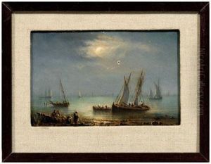 Coastal Scene With Fishing Vessels In Moonlight by Richard Parkes Bonington