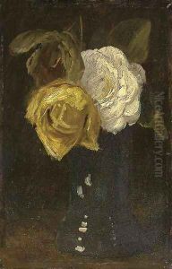 A white and yellow rose in a blue vase by Sientje Mesdag Van Houten