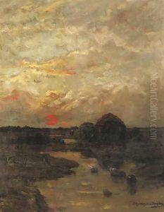 Zonsondergang a rural landscape at sunset by Sientje Mesdag Van Houten