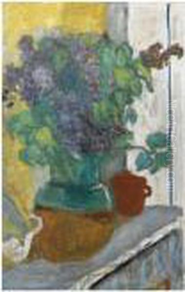 Lilas Mauve Dans Un Vase De Terre Jaune Et Vert - view 1