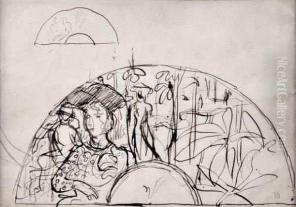 Projet D'eventail : Femme Et Fleurs - Et, Au Verso, Fillettes. - view 1