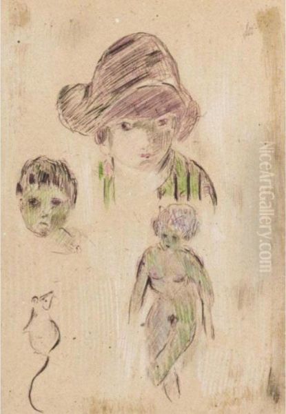 Tete De Femme Au Chapeau, Visage, Nu Et Souris - view 1