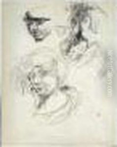 Tete De Marthe, Reprise Du 
Visage, Et Croquis Sans Ombrelle Des Tetes Presumees De Misia Natanson 
Et Serge Draghilev by Pierre Bonnard