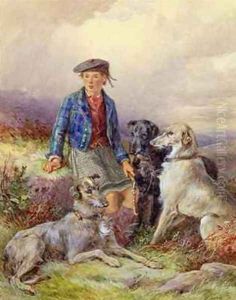 Scottish boy with wolfhounds in a Highland landscape by James Hardy Jnr