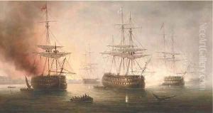 Naval engagement in a Mediterranean harbour by James Hardy Jnr