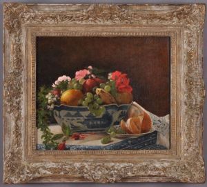 Still Life With Fruit And Flowers And Blue And White Table Decor