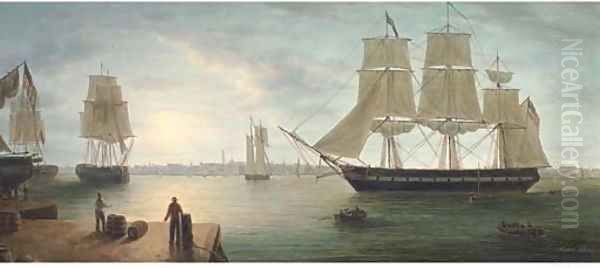 Merchant shipping in Boston Harbour at nightfall - view 1