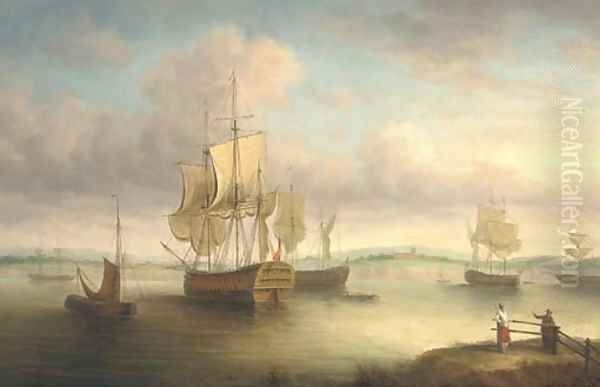 Ships at anchor in an estuary - view 1