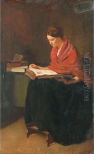 Femme Au Chale Rouge Lisant [ ; 
Woman With Red Shawl Reading ; Oil On Panel ; Signed Upper Right F 
Bonvin] by Francois Bonvin