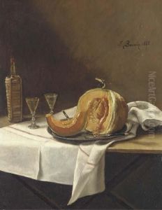 Nature Morte Avec Un Melon, Une Bouteille De Vin Et Un Verre Surune Table