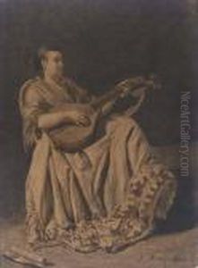 A Seated Woman Playing A Mandolin by Francois Bonvin