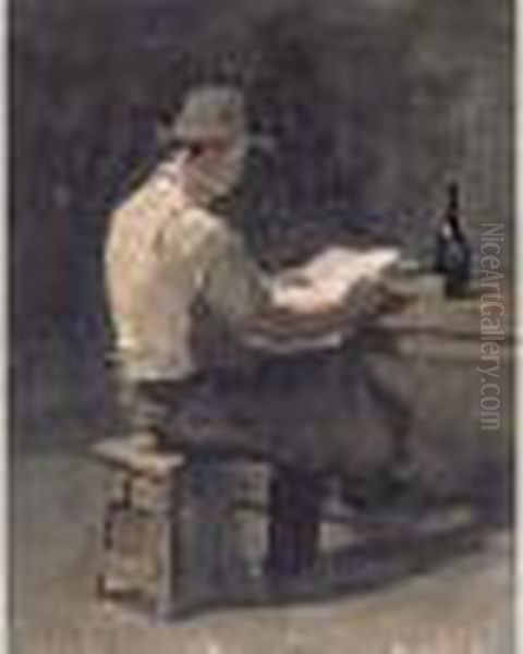 Un Ouvrier Lisant Le Journal A Une Table D'auberge - view 1