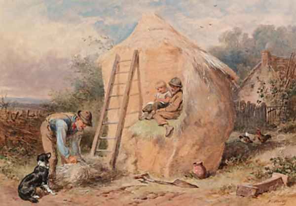 Children, sitting on a hayrick, watching a farmer - view 1
