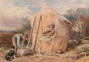 Children, sitting on a hayrick, watching a farmer by James Hardy Jnr