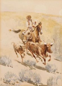 Cowboy Rounding Up A Longhorn And Calf by John Edward Borein