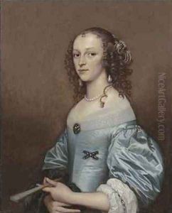 Portrait of a lady in a blue dress holding a fan by Adriaen Hanneman