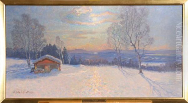 Vinterlandskap Med Timmerhus,, Signerad J E Stenstrom - view 1